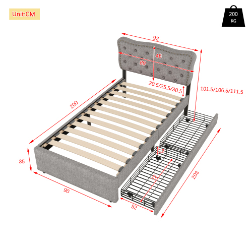 Gepolstertes Bett, Nachttischpolsterung mit dekorativen Nieten, doppelte Schubladen
