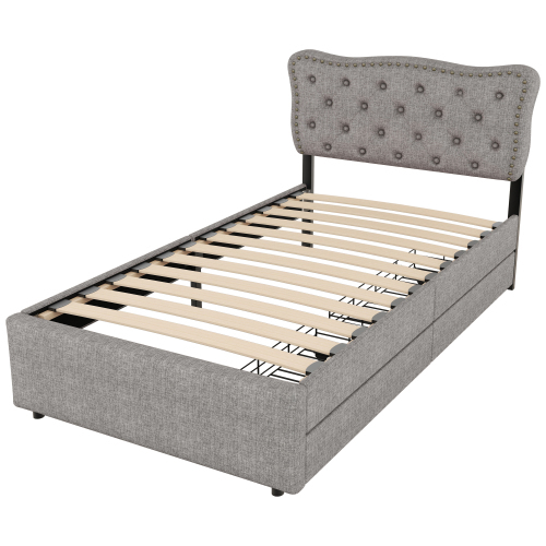 Gepolstertes Bett, Nachttischpolsterung mit dekorativen Nieten, doppelte Schubladen