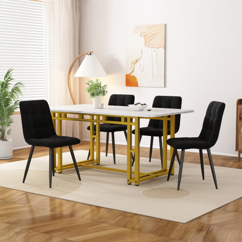 Golden Esstisch mit 4 Stühlen Set,Moderne Küche Esstisch Set, Schwarz Samt Esszimmerstühle