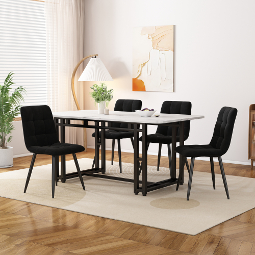 Schwarz Esstisch mit 4 Stühlen Set,Moderne Küche Esstisch Set, Schwarz Samt Esszimmerstühle