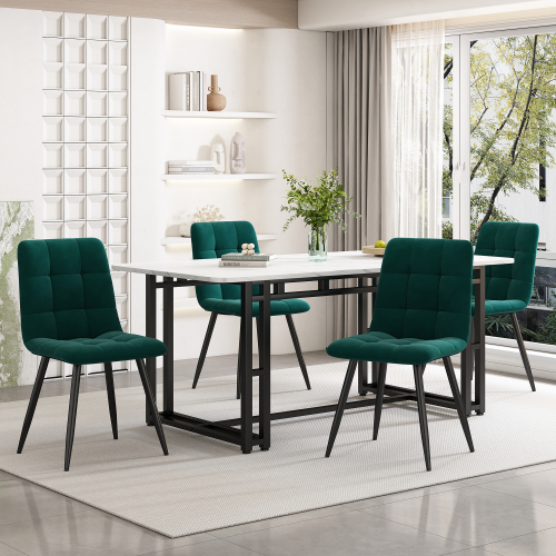 Schwarz Esstisch mit 4 Stühlen Set,Moderne Küche Esstisch Set, dunkelgrüner Samt Esszimmerstühle