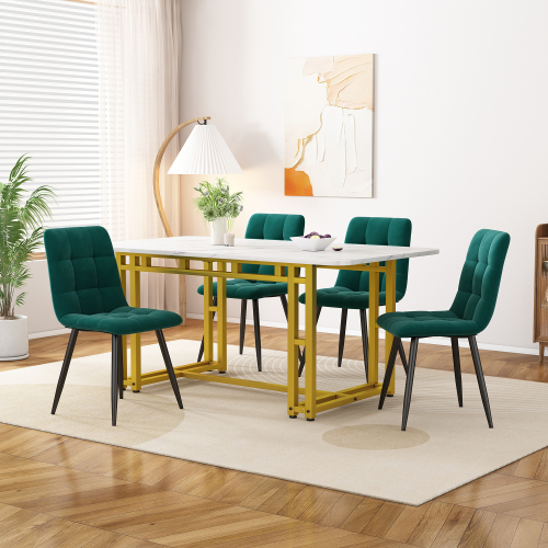 Gold Esstisch mit 4 Stühlen Set,Moderne Küche Esstisch Set, dunkelgrüner Samt Esszimmerstühle
