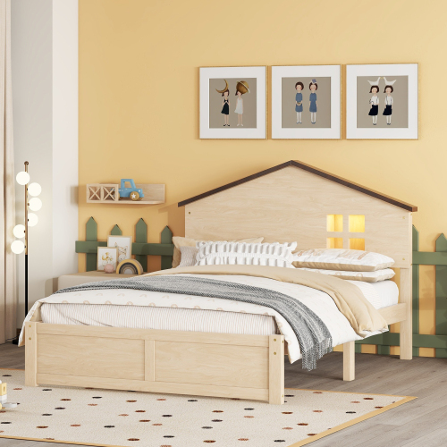 Hausförmiges Kinderbett, flaches Bett, kleine Fensterdekoration, LED-Nachtlicht, Massivholz