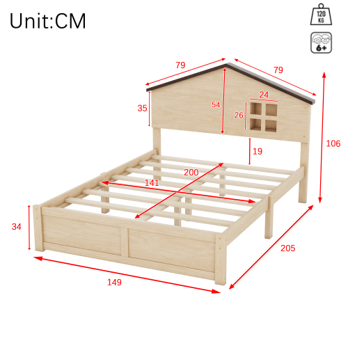 Hausförmiges Kinderbett, flaches Bett, kleine Fensterdekoration, LED-Nachtlicht, Massivholz