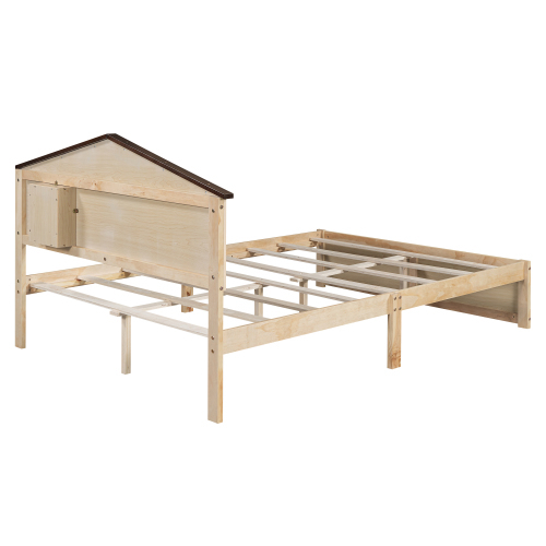 Hausförmiges Kinderbett, flaches Bett, kleine Fensterdekoration, LED-Nachtlicht, Massivholz