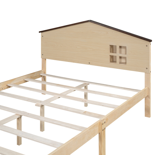 Hausförmiges Kinderbett, flaches Bett, kleine Fensterdekoration, LED-Nachtlicht, Massivholz