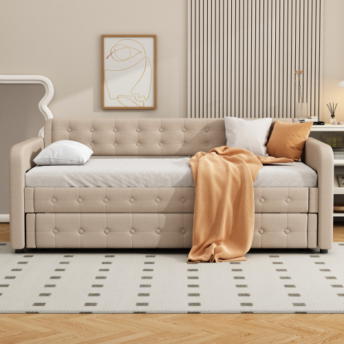 90*200cm Sofabett, Tagesbett, mit ausziehbares rollbett, großer Stauraum