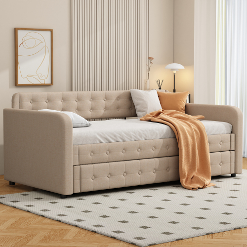 90*200cm Sofabett, Tagesbett, mit ausziehbares rollbett, großer Stauraum