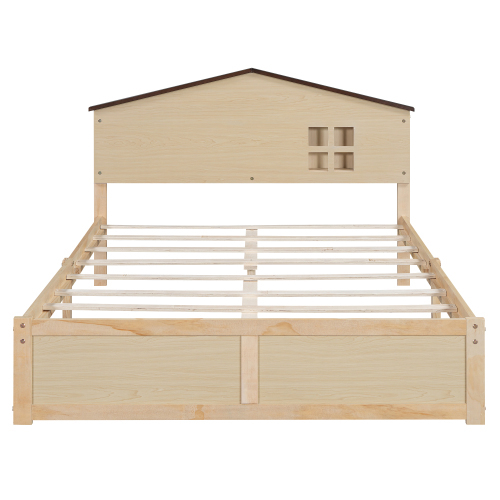 Hausförmiges Kinderbett, flaches Bett, kleine Fensterdekoration, LED-Nachtlicht, Massivholz