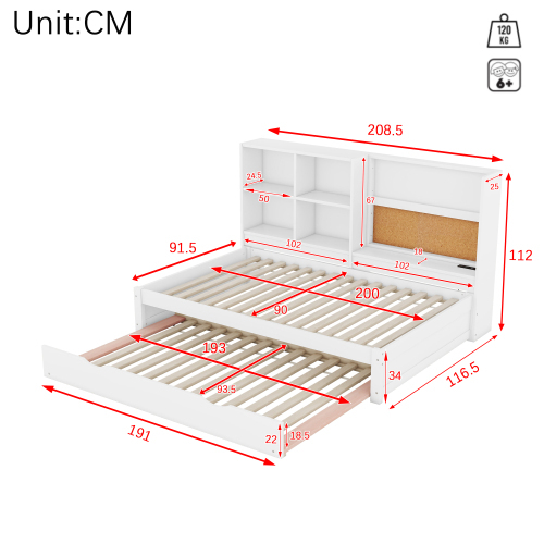 90*200cm Schlafsofa mit ausziehbarem Bett, usb-Ladeanschluss, Zeichenbrett, mehrere Staufächer