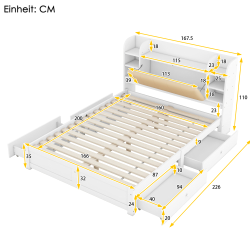 160*200cm Flachbett, teilweise aufklappbares Kopfteil, vier Schubladen, mehrere Staufächer