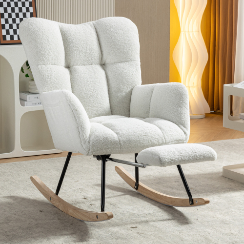 New Modern Teddy Fabric Tufted Upholstered Rocking Chair with pull-out footrest