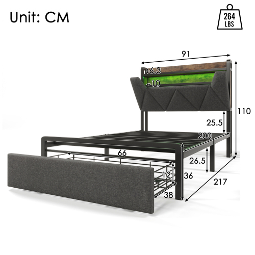 Polsterbett mit USB Typ C Ladefunktion Stauraum-Kopfteil und LED-Beleuchtung und Schubladen