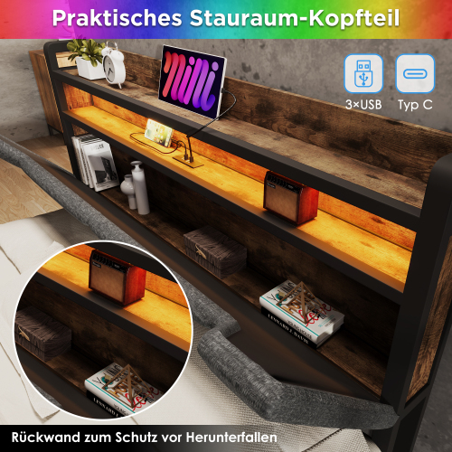 Polsterbett mit USB Typ C Ladefunktion Stauraum-Kopfteil und LED-Beleuchtung und Schubladen