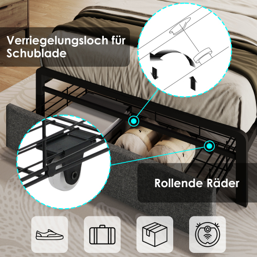 Polsterbett mit USB Typ C Ladefunktion Stauraum-Kopfteil und LED-Beleuchtung und Schubladen