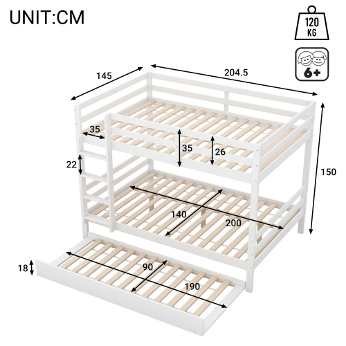 Etagenbetten, Kinderbetten, Etagenbetten mit Ausziehbett, Hohe Geländer, Stabile Treppe