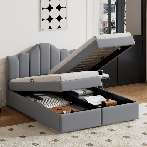 140*200cm Flachbett mit weichem Kopfteil, anhebbares Bett, großer Stauraum unter dem Bett