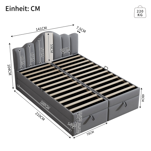 140*200cm Flachbett mit weichem Kopfteil, anhebbares Bett, großer Stauraum unter dem Bett