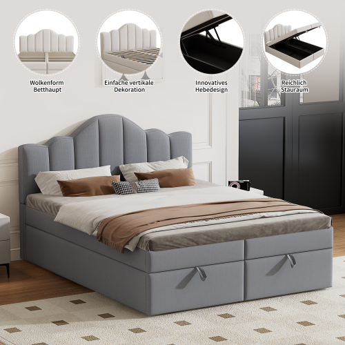 140*200cm Flachbett mit weichem Kopfteil, anhebbares Bett, großer Stauraum unter dem Bett