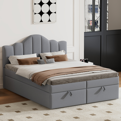 140*200cm Flachbett mit weichem Kopfteil, anhebbares Bett, großer Stauraum unter dem Bett