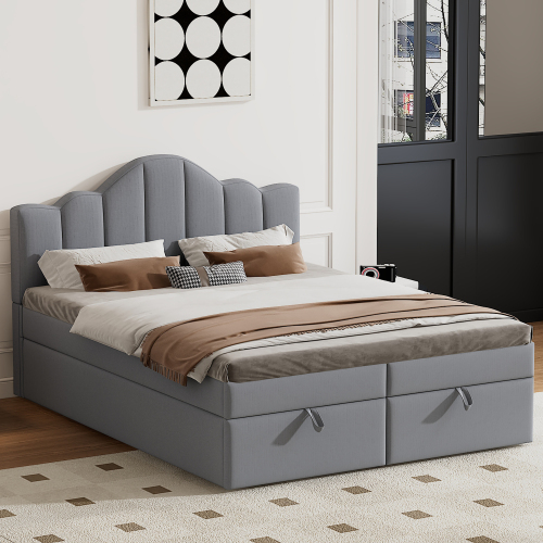 140*200cm Flachbett mit weichem Kopfteil, anhebbares Bett, großer Stauraum unter dem Bett