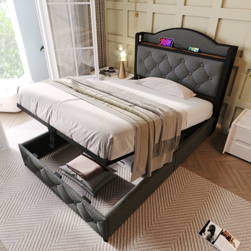 Polsterbett mit USB Typ C Ladefunktion, Doppelbett Stauraumbett mit Lattenrost aus Metallrahmen
