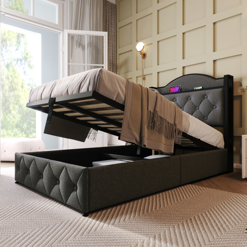 Polsterbett mit USB Typ C Ladefunktion, Doppelbett Stauraumbett mit Lattenrost aus Metallrahmen