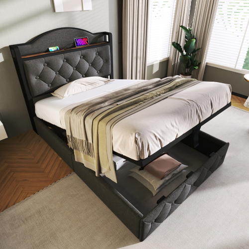 Polsterbett mit USB Typ C Ladefunktion, Doppelbett Stauraumbett mit Lattenrost aus Metallrahmen