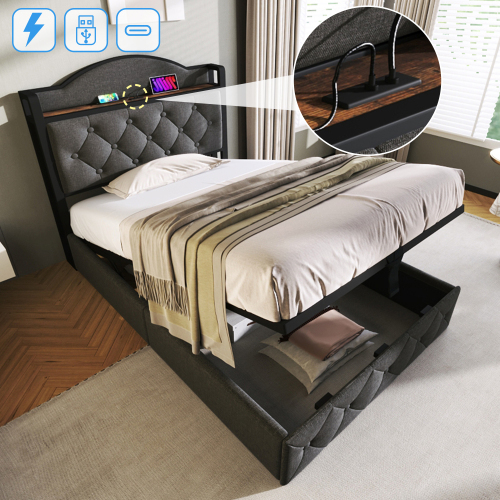 Polsterbett mit USB Typ C Ladefunktion, Doppelbett Stauraumbett mit Lattenrost aus Metallrahmen