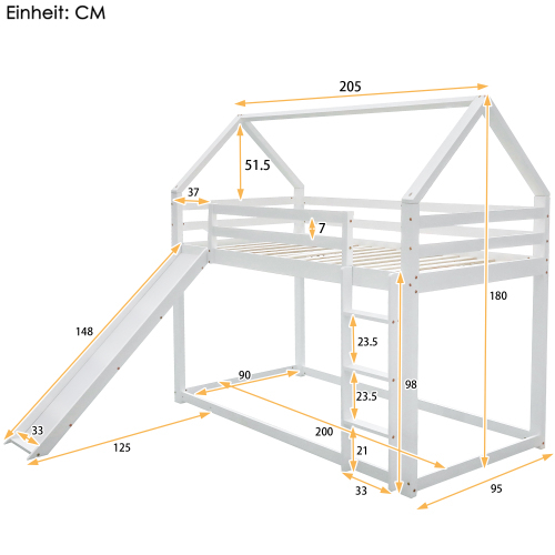 Doppelbett Kinderbett Hausbett Etagenbett mit Rutsche und Leiter, Kinderzimmer Hoch-Doppel-Stockbett