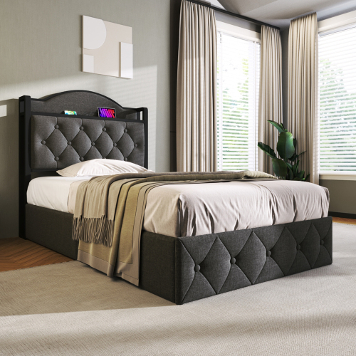 Polsterbett mit USB Typ C Ladefunktion, Doppelbett Stauraumbett mit Lattenrost aus Metallrahmen