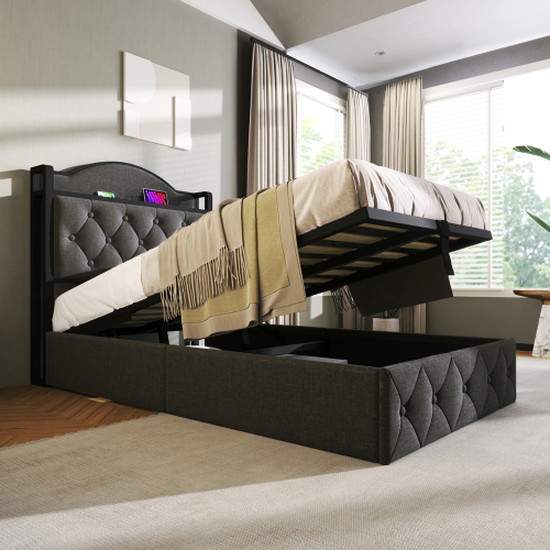 Polsterbett mit USB Typ C Ladefunktion, Doppelbett Stauraumbett mit Lattenrost aus Metallrahmen