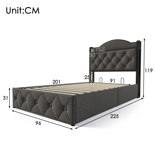 Polsterbett mit USB Typ C Ladefunktion, Doppelbett Stauraumbett mit Lattenrost aus Metallrahmen