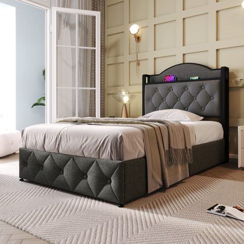 Polsterbett mit USB Typ C Ladefunktion, Doppelbett Stauraumbett mit Lattenrost aus Metallrahmen