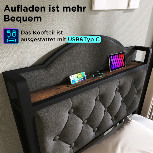 Polsterbett mit USB Typ C Ladefunktion, Doppelbett Stauraumbett mit Lattenrost aus Metallrahmen