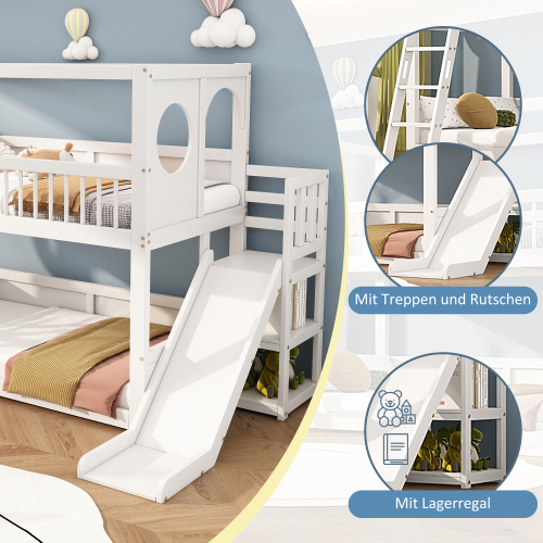 Kinder-Etagenbett, Doppelbett, multifunktionales Kinderbett, mit Regalen, mit Rutsche, ohne Matratze