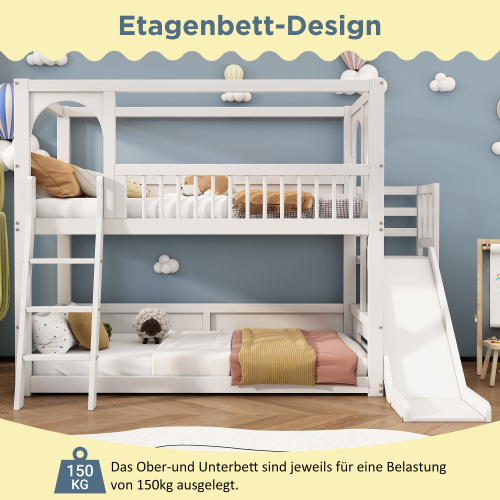 Kinder-Etagenbett, Doppelbett, multifunktionales Kinderbett, mit Regalen, mit Rutsche, ohne Matratze