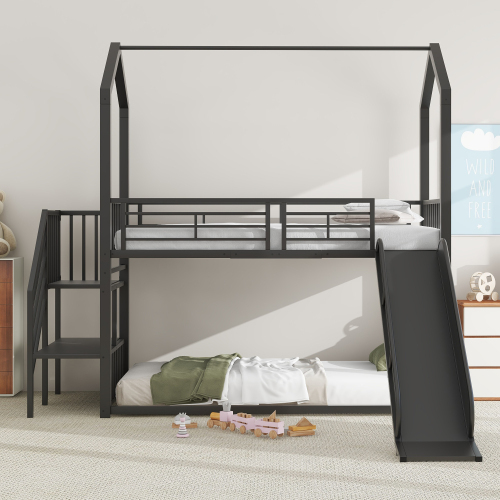 Etagenbett, Eisenrahmenbett mit Schiebetreppe, Hausmodellierung, stabil und zuverlässig