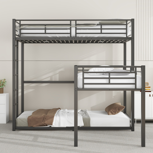 Dreifach-Etagenbett, Eisenrahmenbett, hohes Geländer, einfaches Design, schwarz 