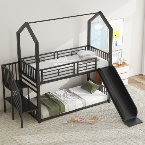 Etagenbett, Eisenrahmenbett mit Schiebetreppe, Hausmodellierung, stabil und zuverlässig