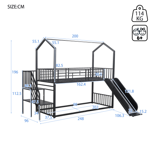 Etagenbett, Eisenrahmenbett mit Schiebetreppe, Hausmodellierung, stabil und zuverlässig