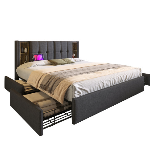 Doppelbett aus beigem Samt aus Holz-OKWISH