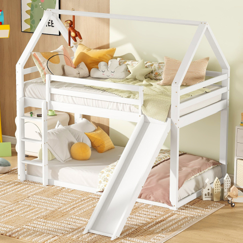 Doppelbett Kinderbett Hausbett Etagenbett mit Rutsche und Leiter, Kinderzimmer Hoch-Doppel-Stockbett