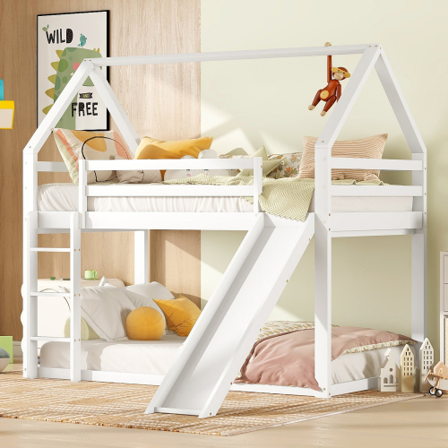 Doppelbett Kinderbett Hausbett Etagenbett mit Rutsche und Leiter, Kinderzimmer Hoch-Doppel-Stockbett