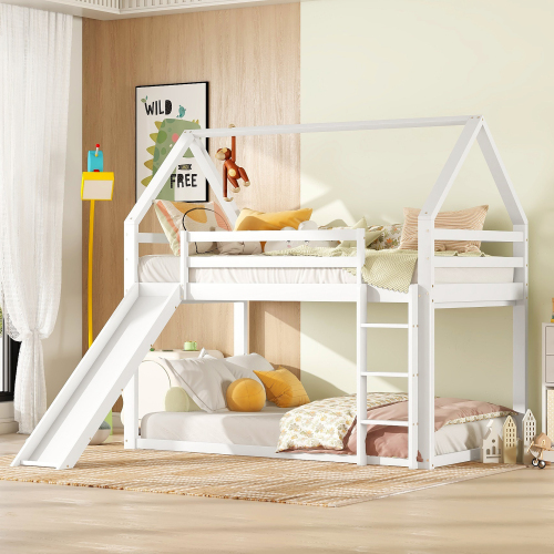 Doppelbett Kinderbett Hausbett Etagenbett mit Rutsche und Leiter, Kinderzimmer Hoch-Doppel-Stockbett