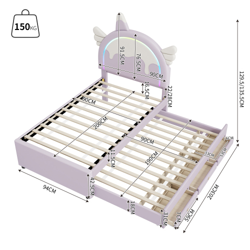 90*200cm Cartoon Kinderbett, Einhornform, ausgestattet mit ausziehbares rollbett, PU-Material