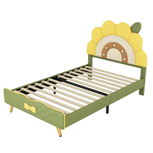 Flachbett, Kinderbett, Sonnenblumenform, Schleifenverzierung am Ende des Bettes