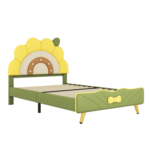 Flachbett, Kinderbett, Sonnenblumenform, Schleifenverzierung am Ende des Bettes