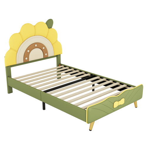 Flachbett, Kinderbett, Sonnenblumenform, Schleifenverzierung am Ende des Bettes