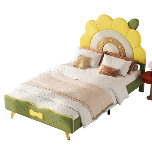 Flachbett, Kinderbett, Sonnenblumenform, Schleifenverzierung am Ende des Bettes